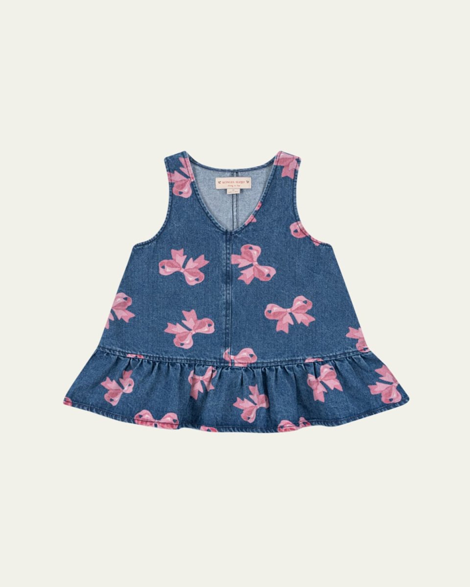 Girl's Magot Bow-Print Denim Dress, Size 18M
